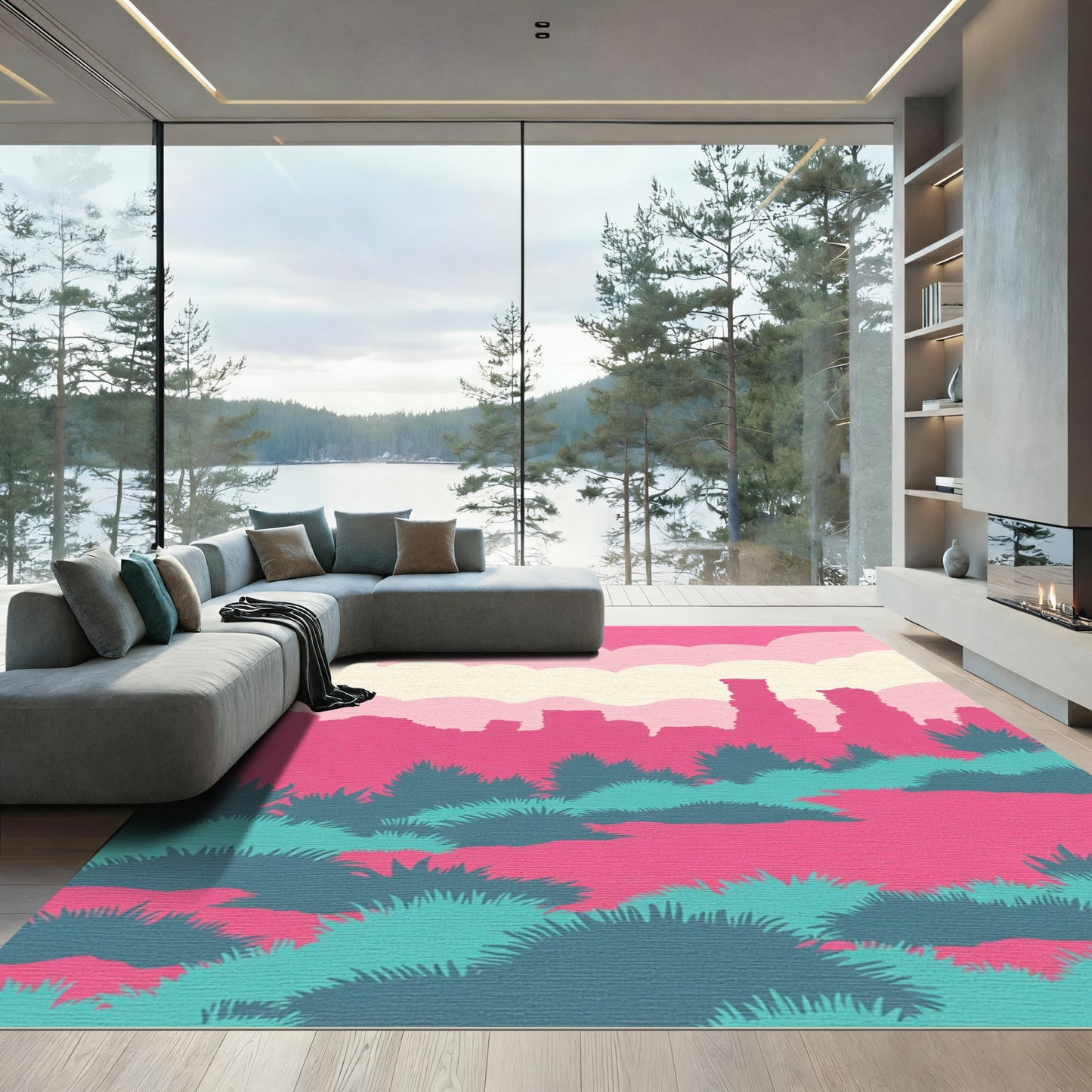 Pink Blue Abstract Sunset Landscape Rug