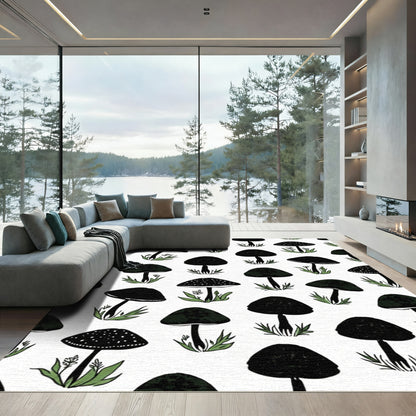 Black Mushroom Botanical Meadow Art Rug