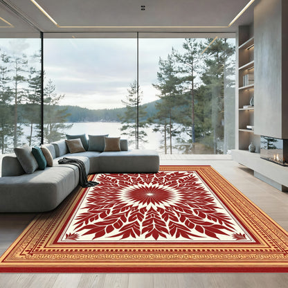 Crimson Leaf Mandala Golden Border Rug