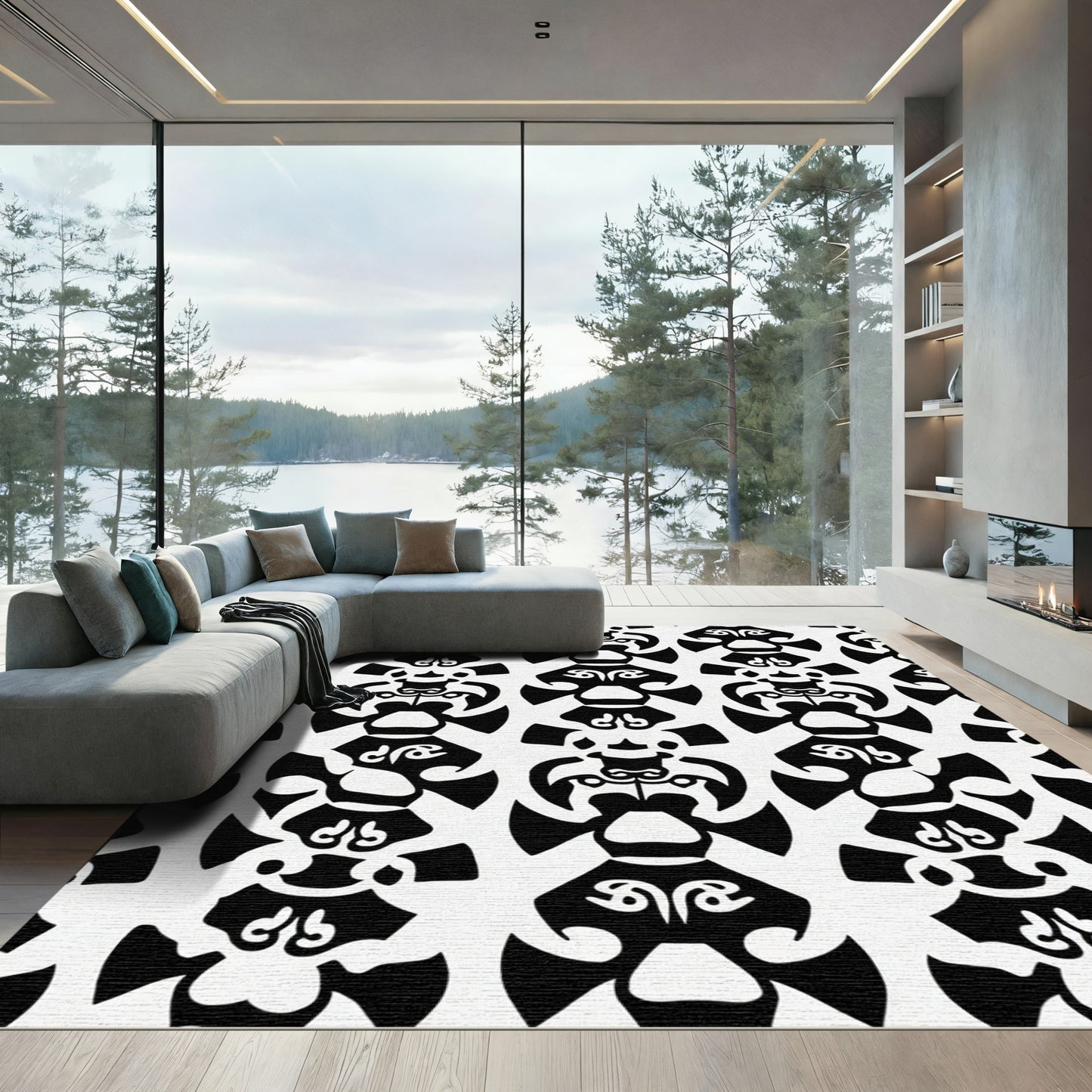 Black White Stylized Tribal Figures Rug