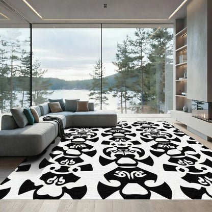 Black White Stylized Tribal Figures Rug