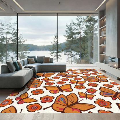 Retro Orange Butterfly Flower Grove Rug