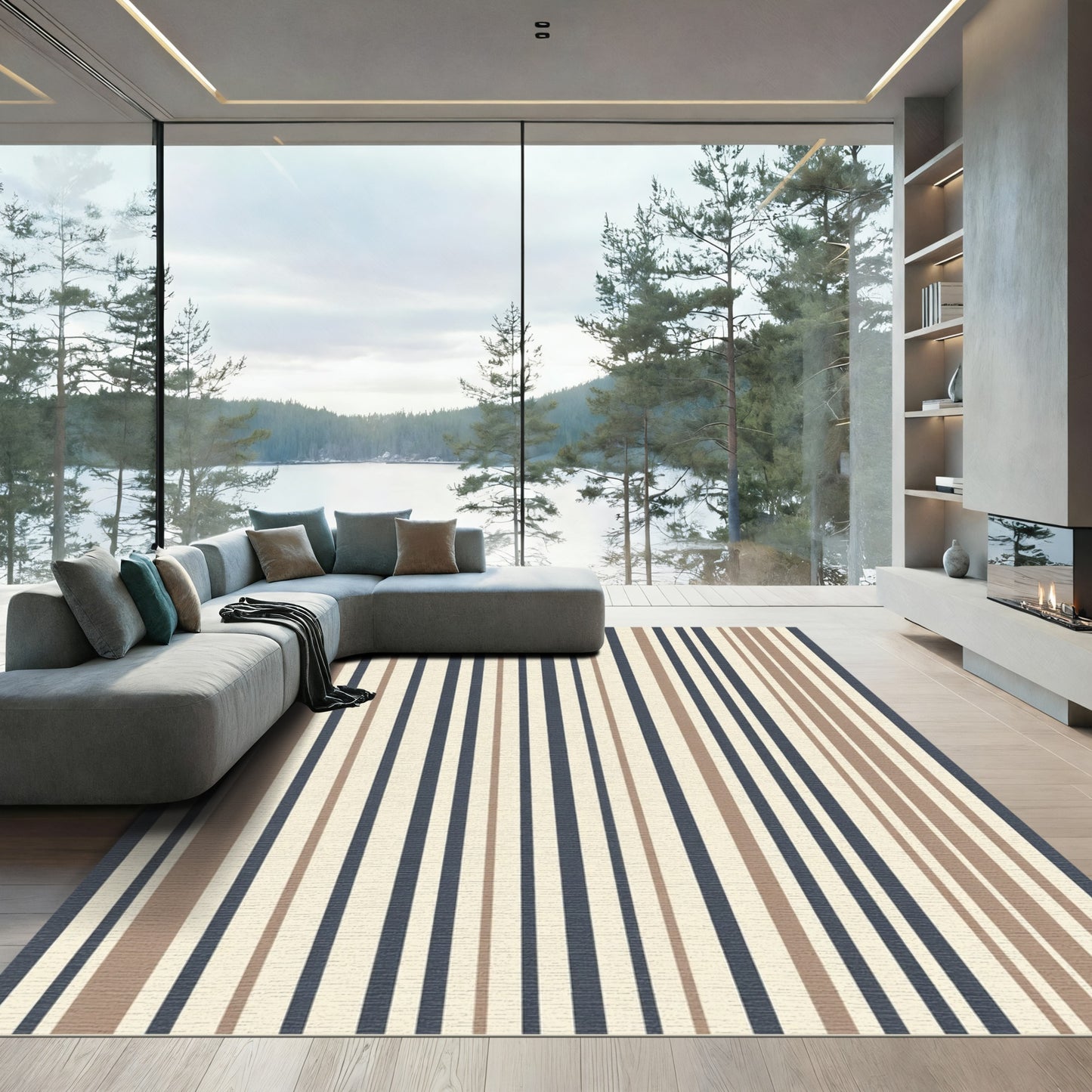 Earthy Blue Cream Vertical Stripe Rug