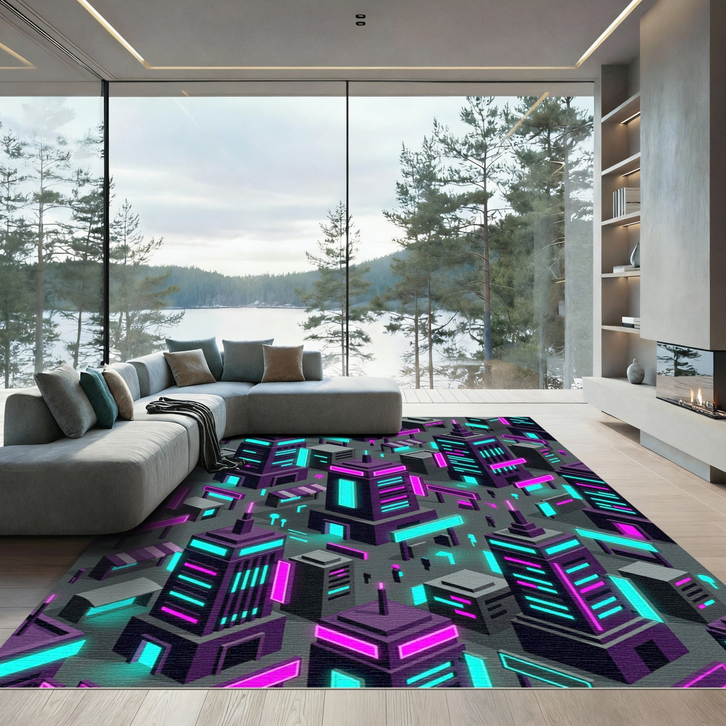 Cyberpunk Neon Isometric Skyscraper Cityscape Rug