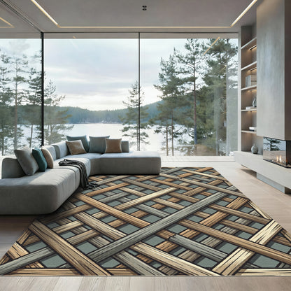 Interwoven Neutral Wood Grain Lattice Rug