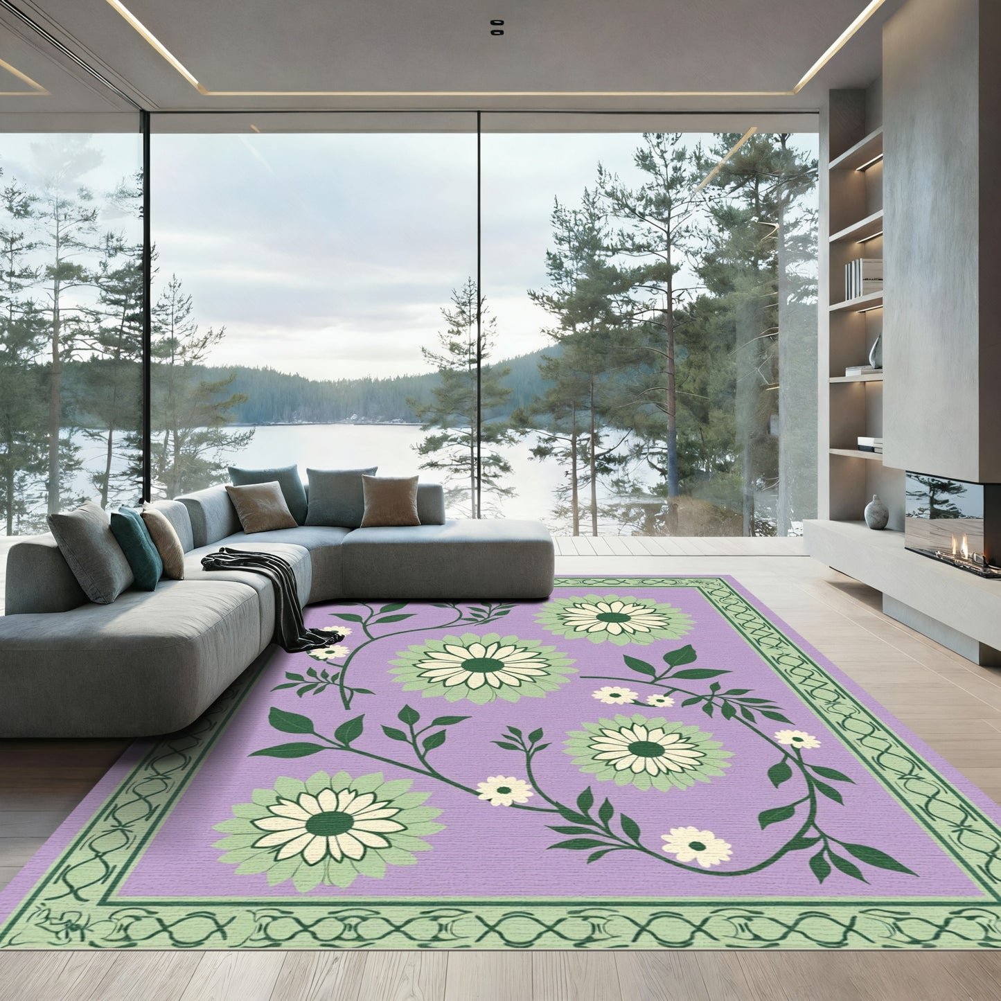 Pastel Lavender Green Floral Vines Rug