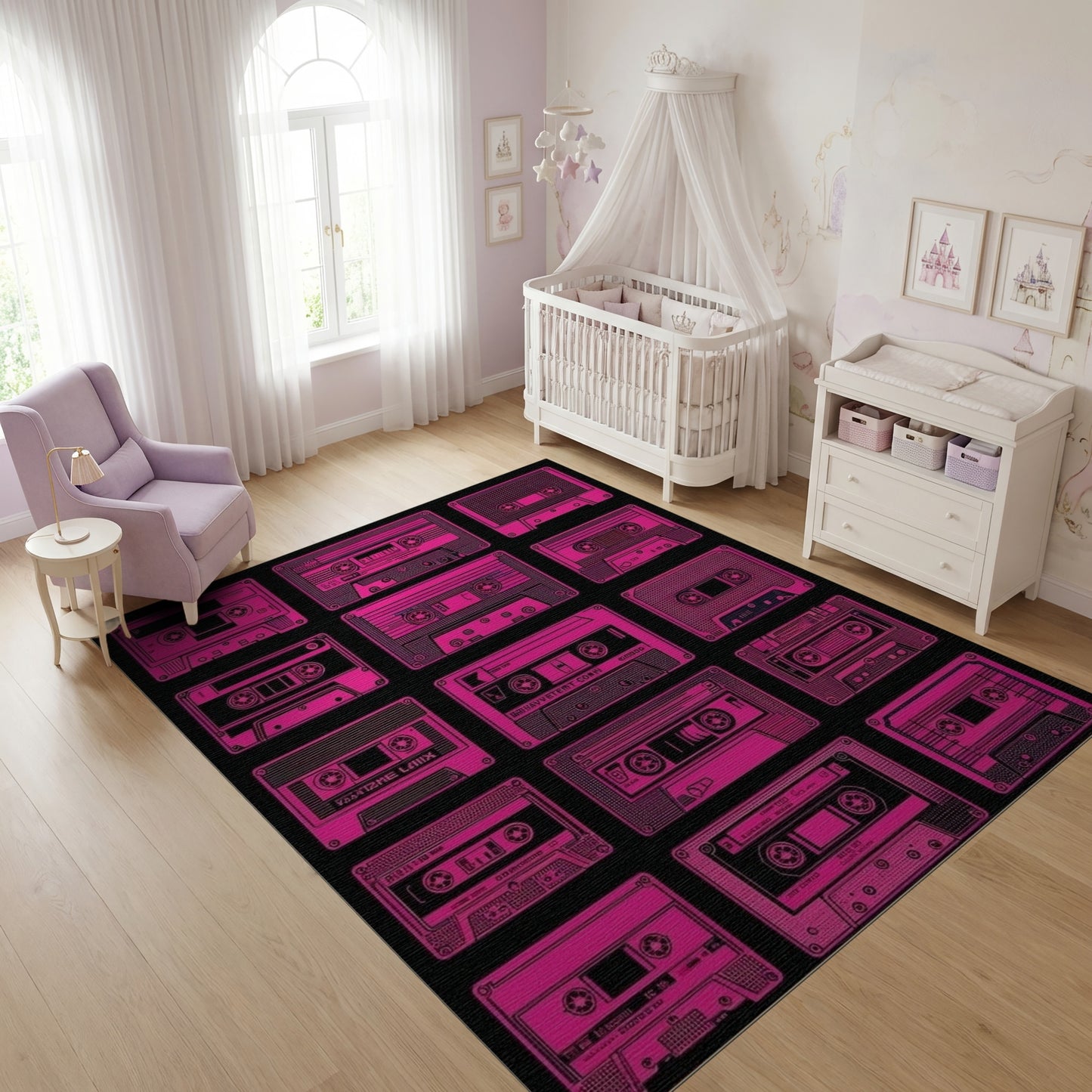 Retro Neon Pink Cassette Tapes Rug