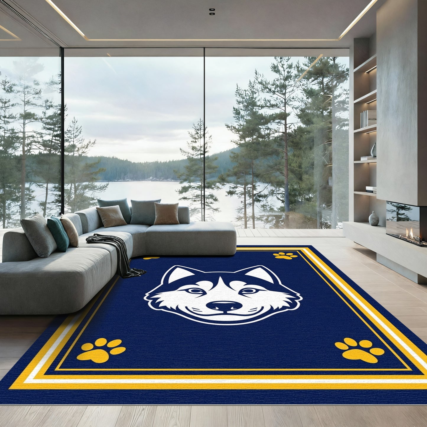 Navy Blue Yellow Husky Paw Accent Rug