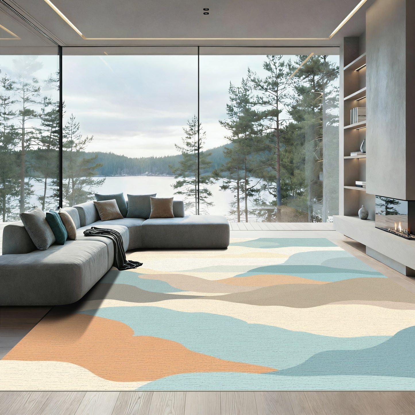Terracotta Teal Abstract Landscape Waves Rug