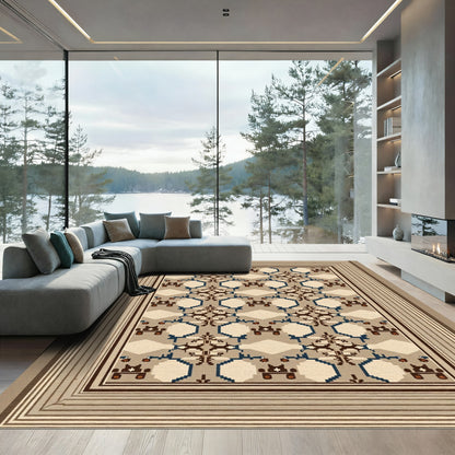 Geometric Brown Blue Hexagon Rug