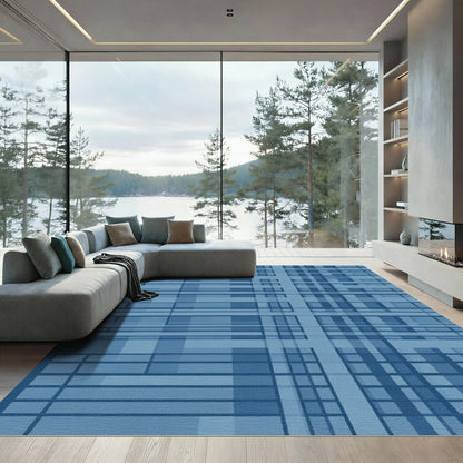 Navy Blue Geometric Plaid Square Rug