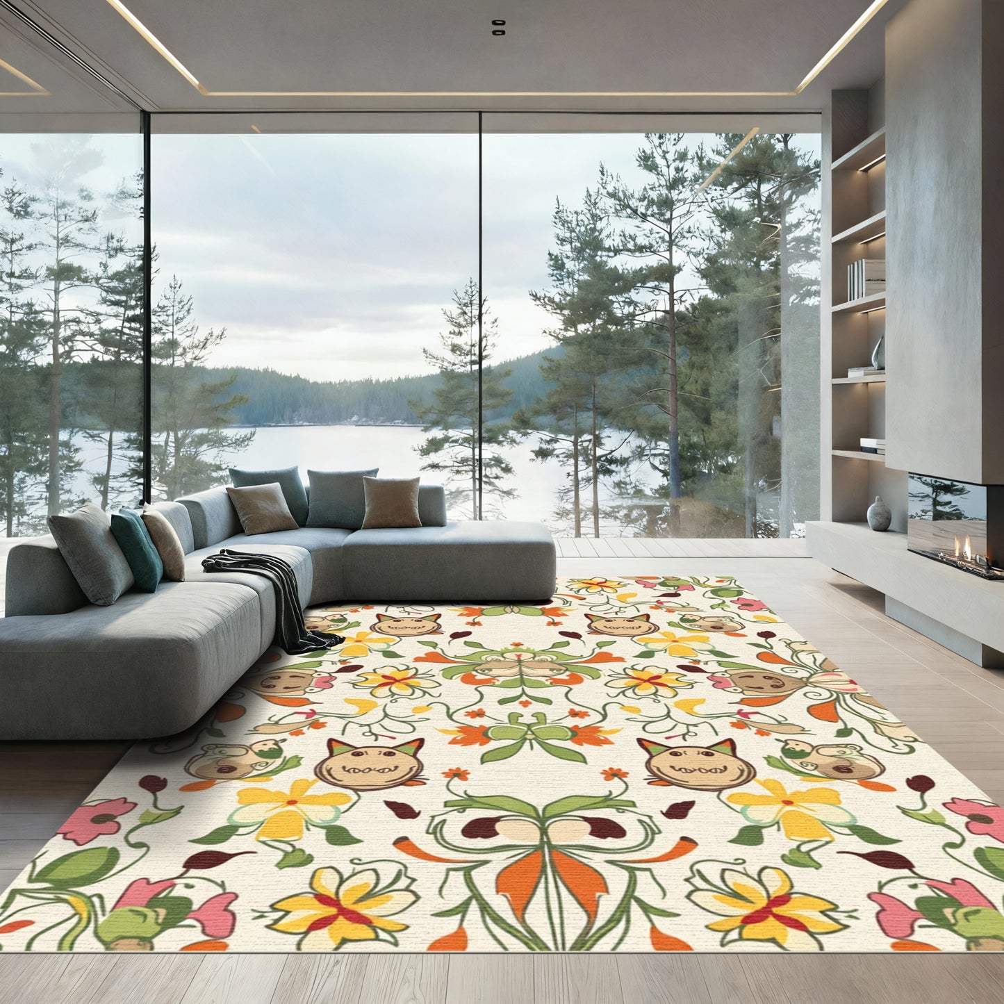 Whimsical Floral Cat Folk Art Rug