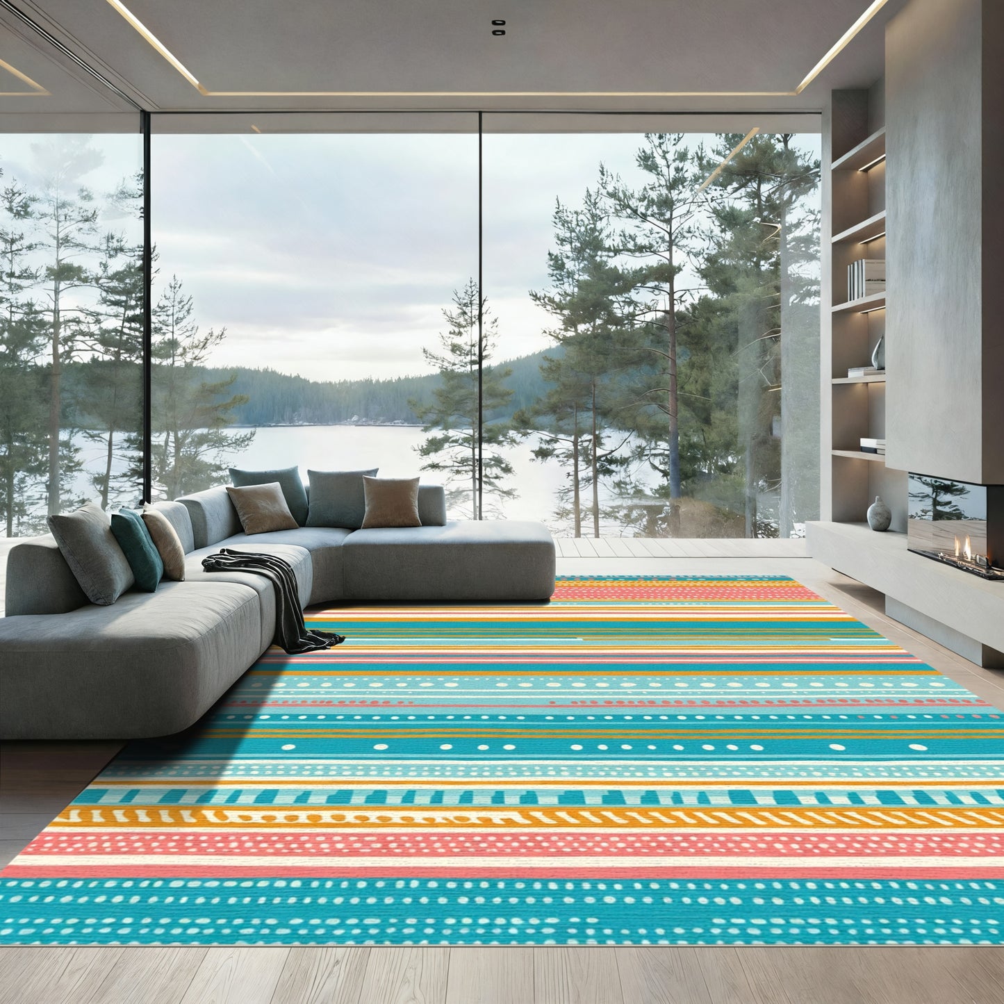 Coastal Striped Dot Aqua Coral Rug