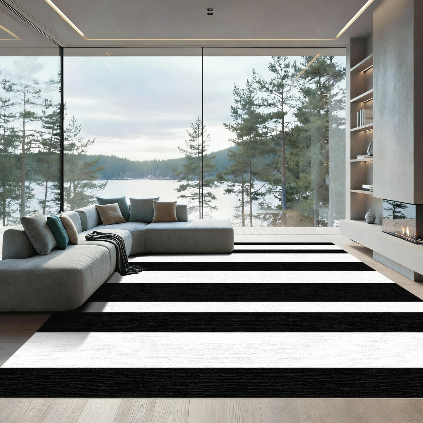 Crisp Black White Parallel Bands Rug