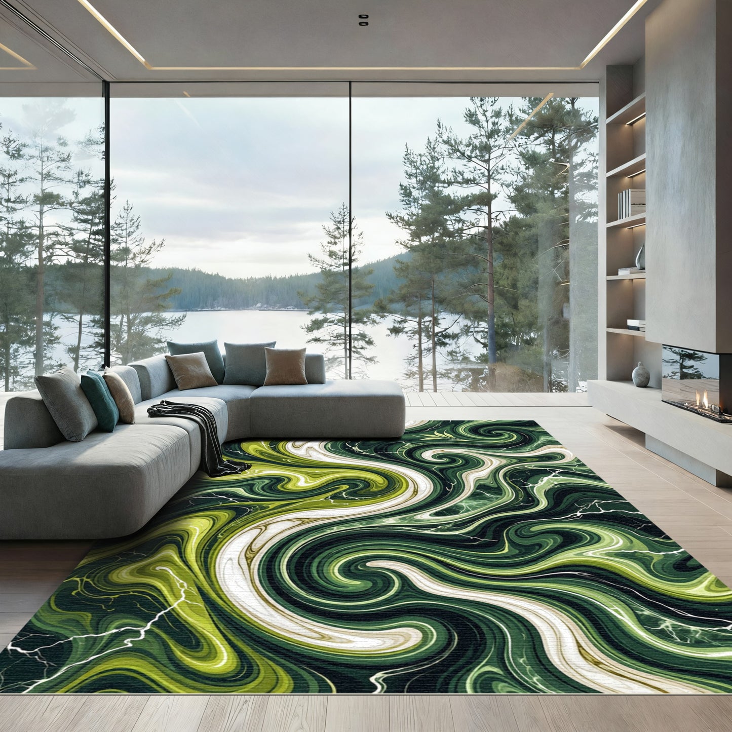 Vivid Green Swirl Marble Flow Rug
