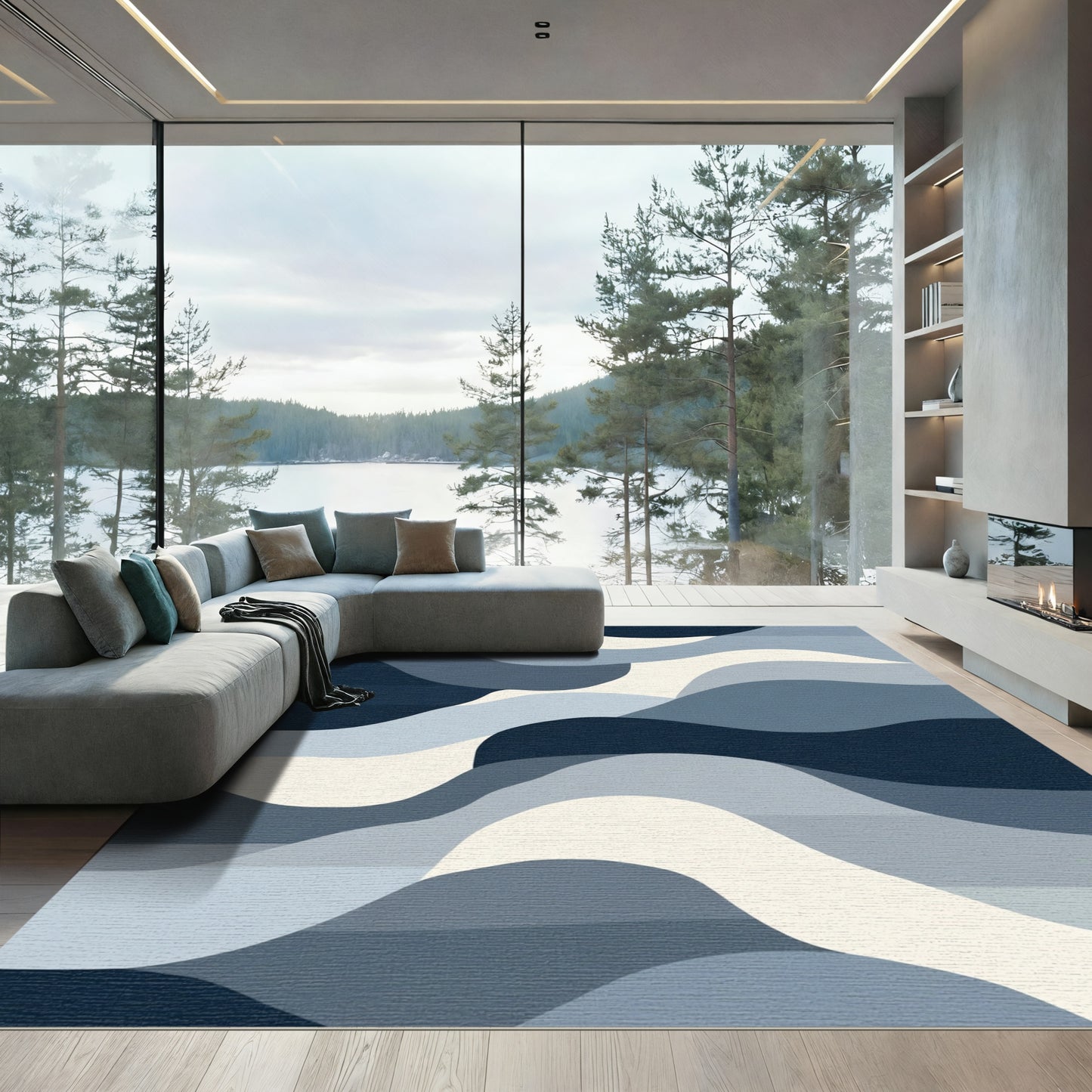 Deep Blue Abstract Wave Layers Rug
