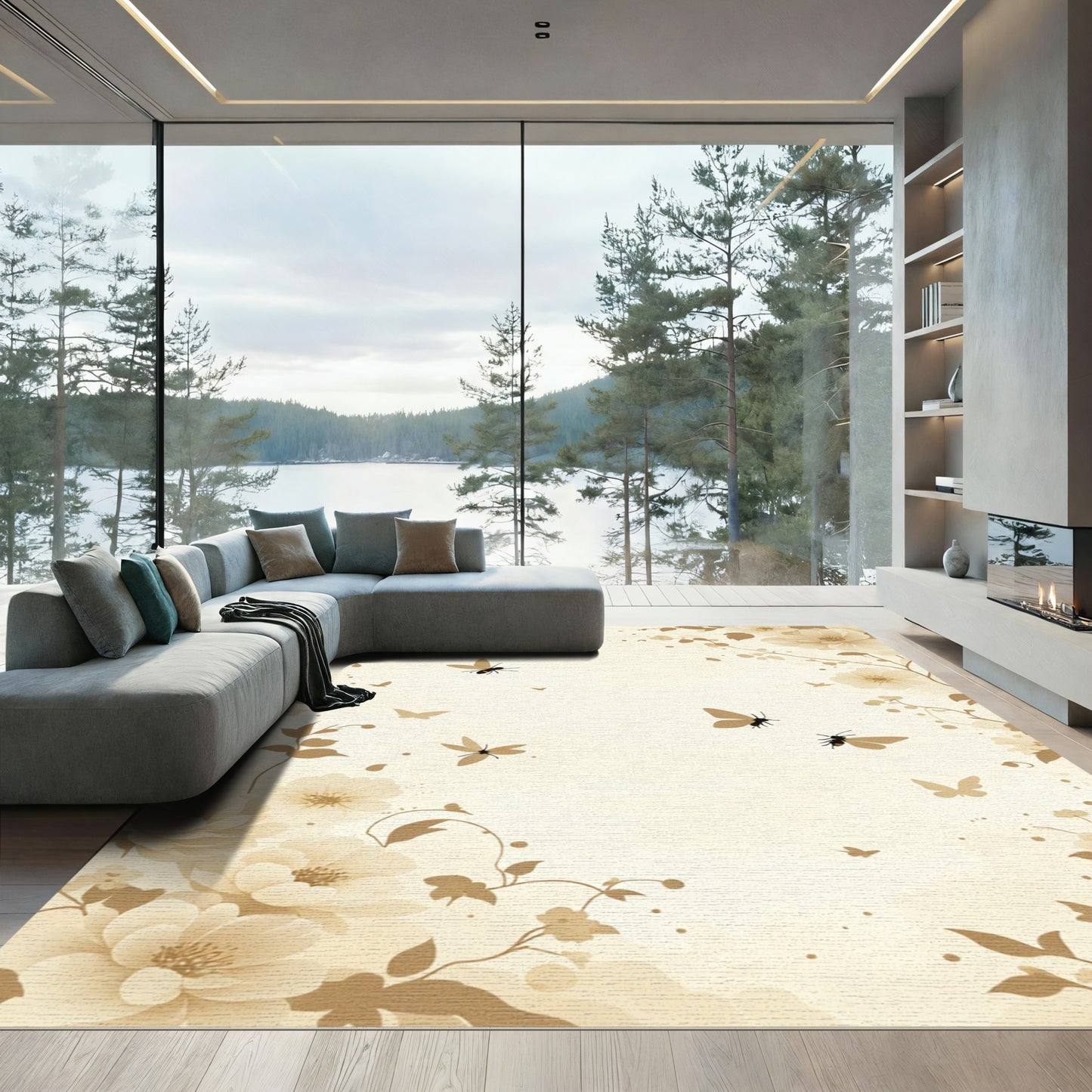Cream Pastel Floral Butterfly Garden Rug
