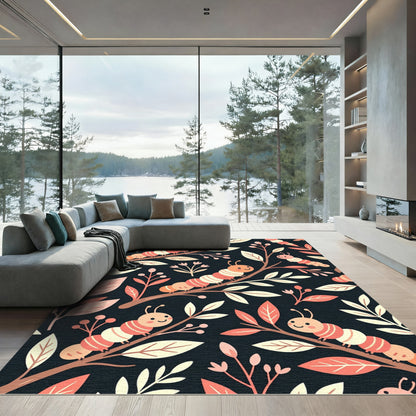 Whimsical Pink Caterpillar Floral Nature Rug