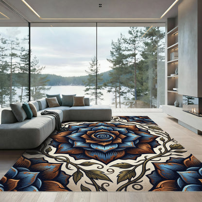 Rustic Teal and Bronze Floral Mandala Rug