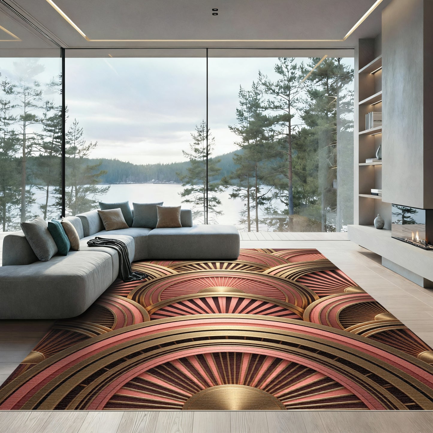 Art Deco Gold and Rose Fan Rug