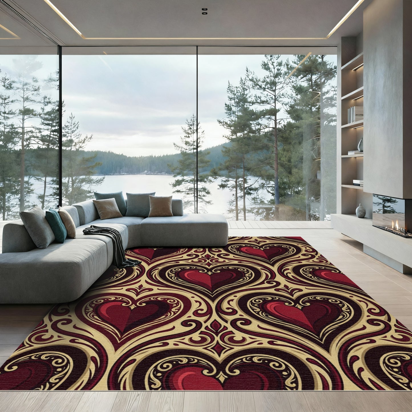 Regal Crimson Hearts Swirls Rug