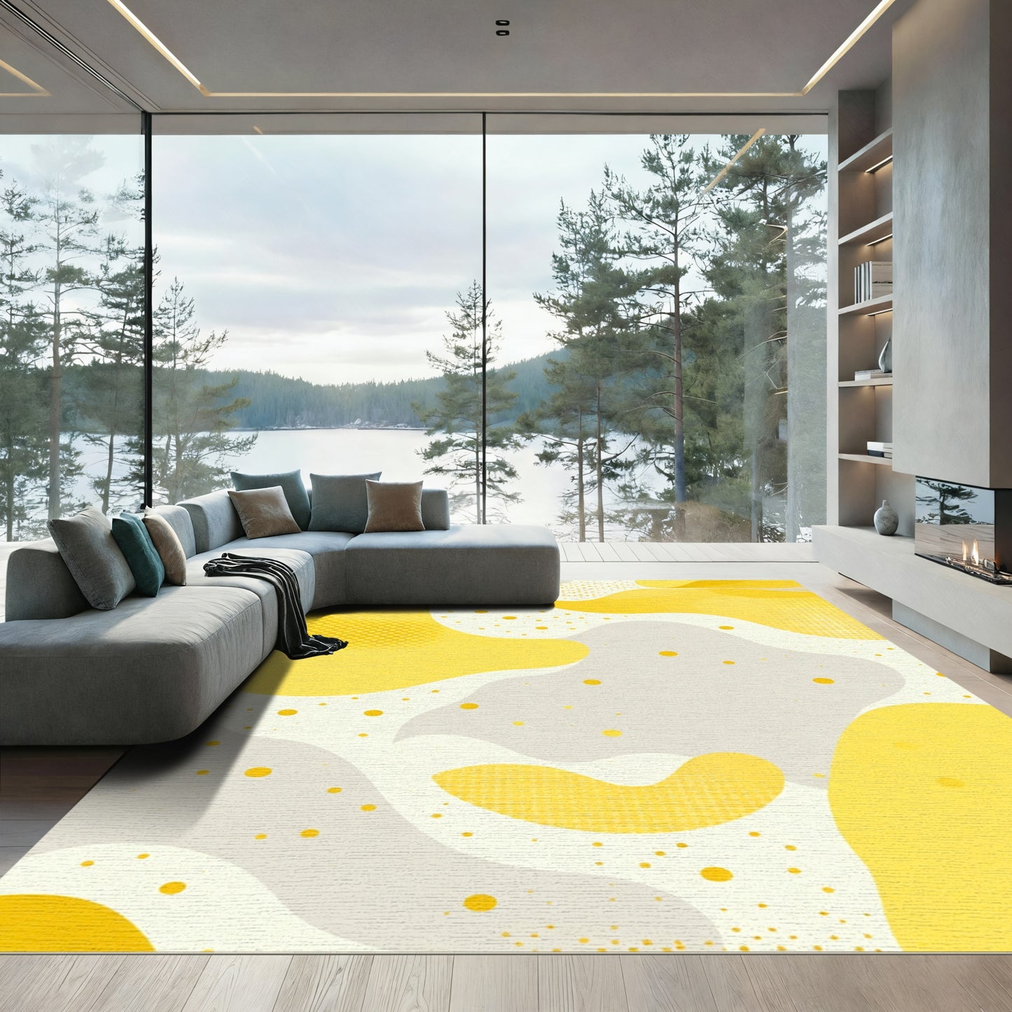 Abstract Yellow Gray Organic Shapes Rug