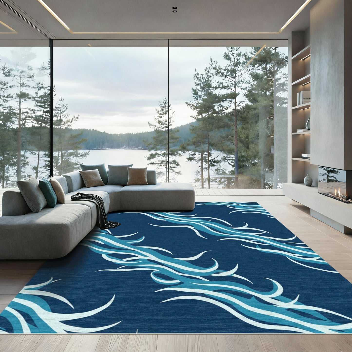 Deep Blue Wavy Swirls Rug