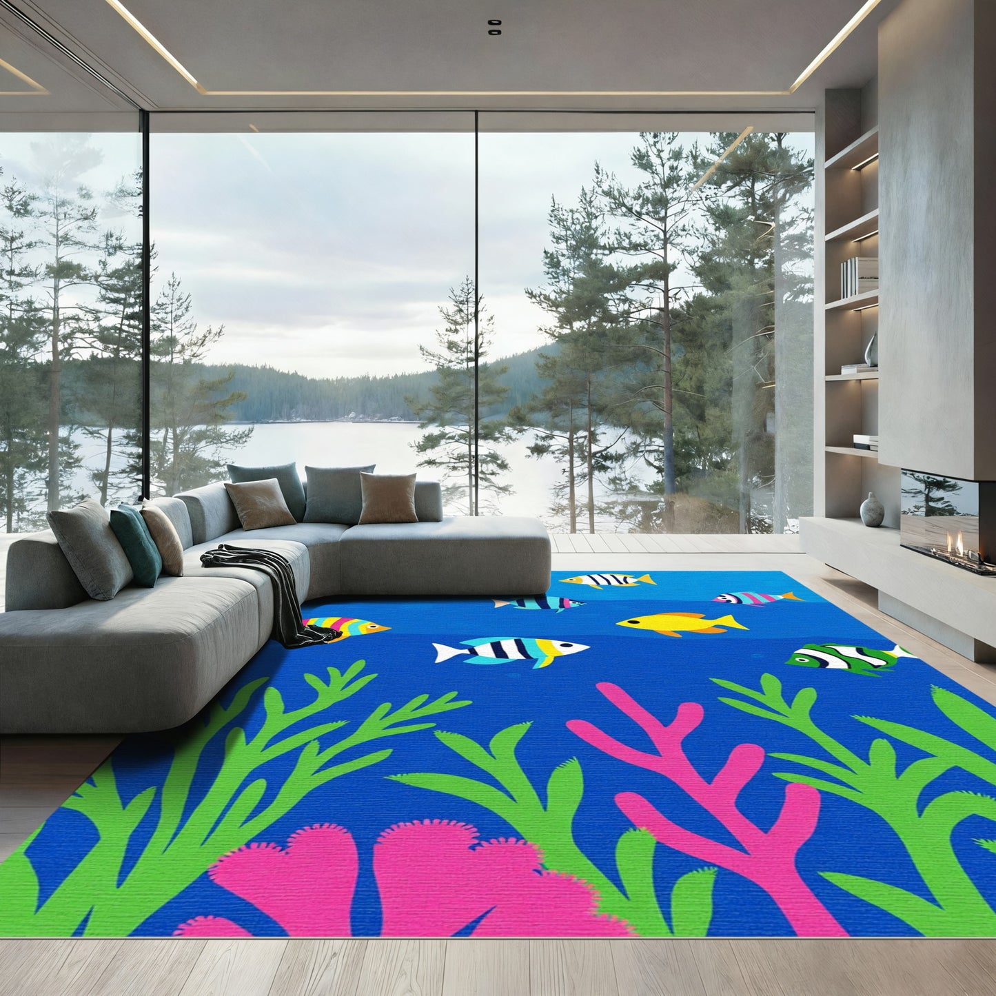 Vibrant Ocean Coral Fish School Rug