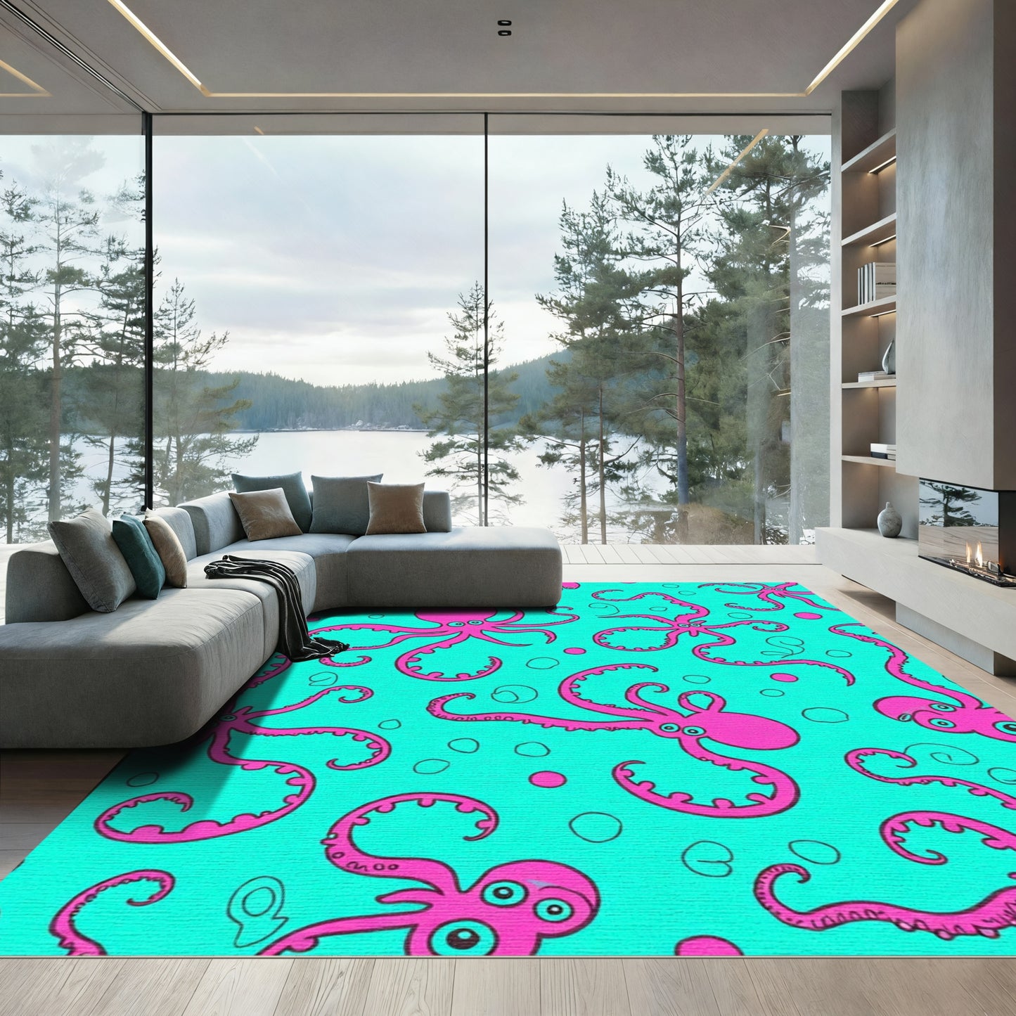 Whimsical Pink Octopus Aqua Background Rug
