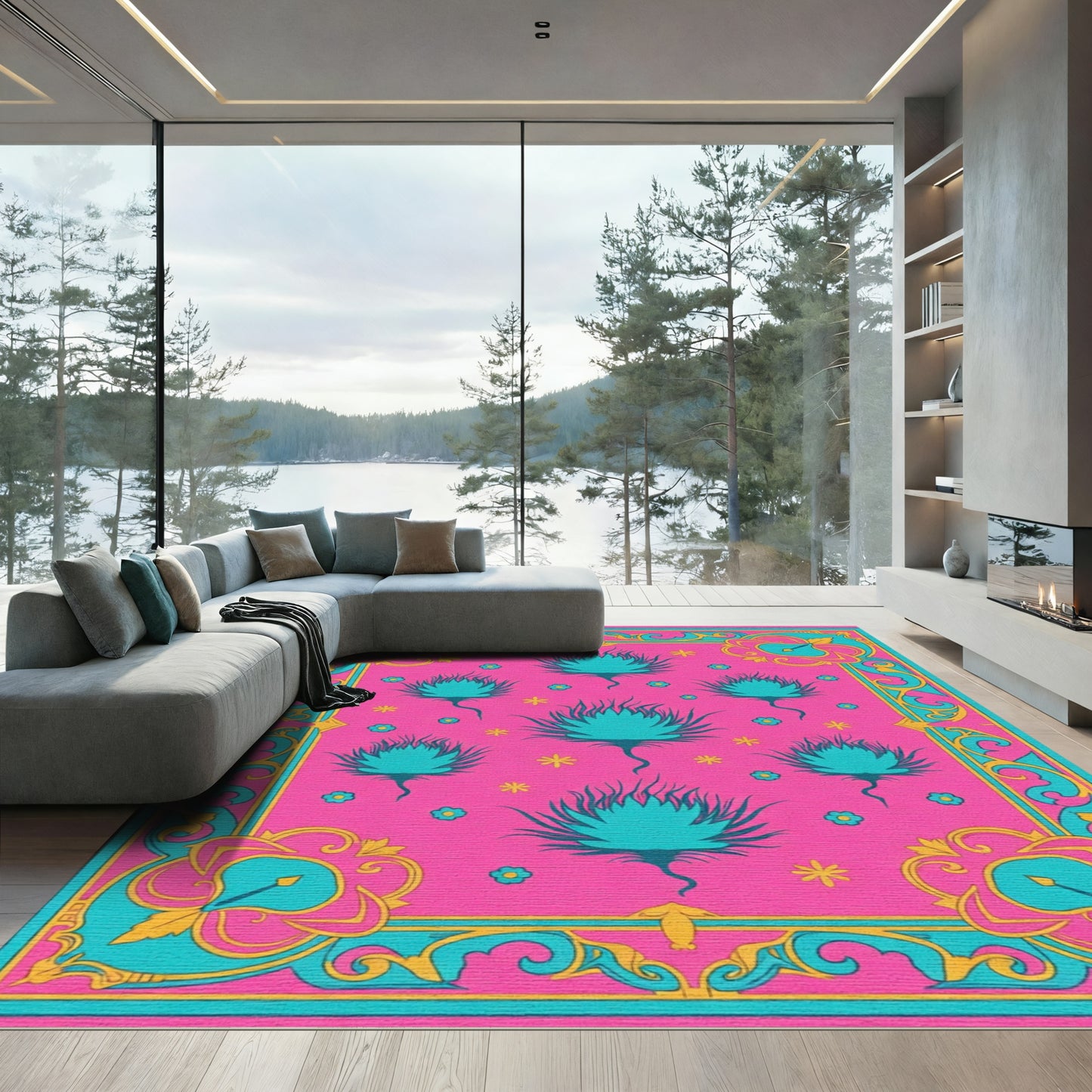 Hot Pink Teal Floral Garden Rug