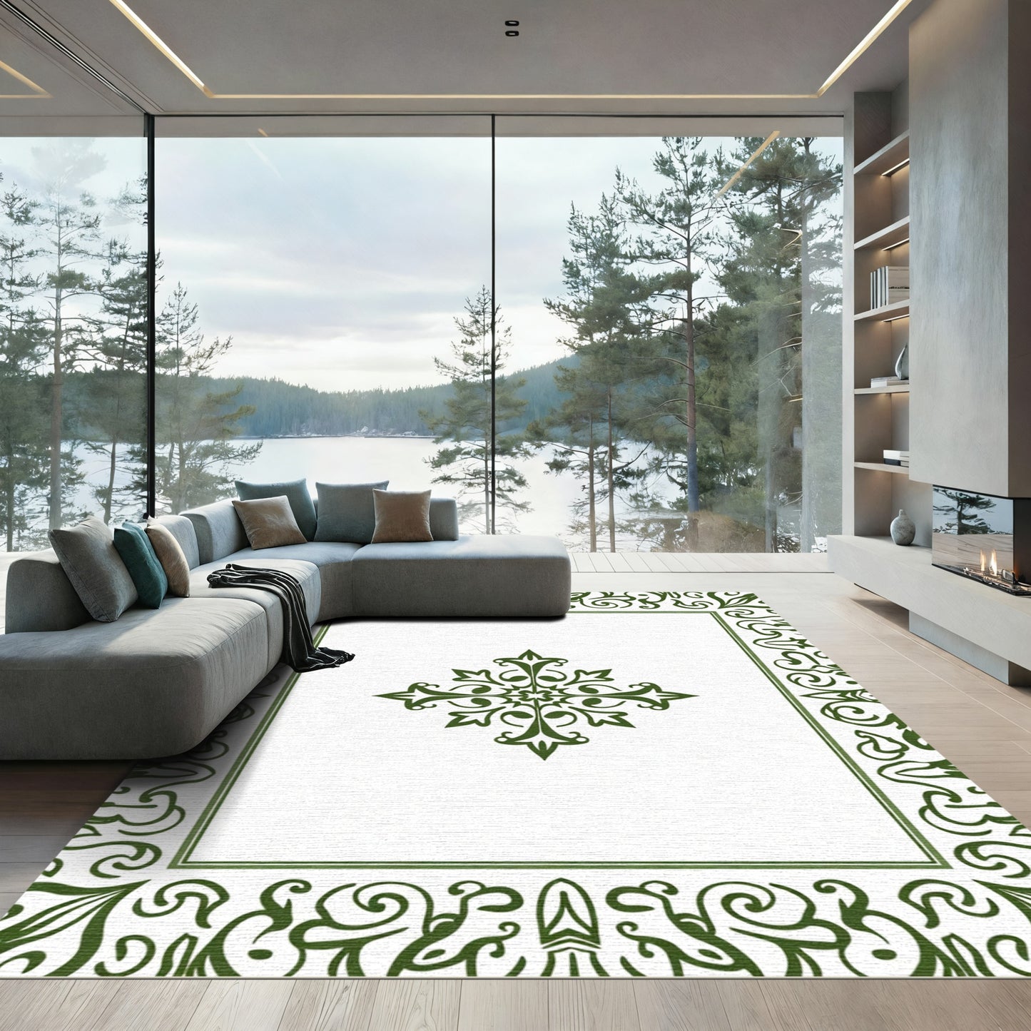 Dark Green Ornate Floral Medallion Frame Rug