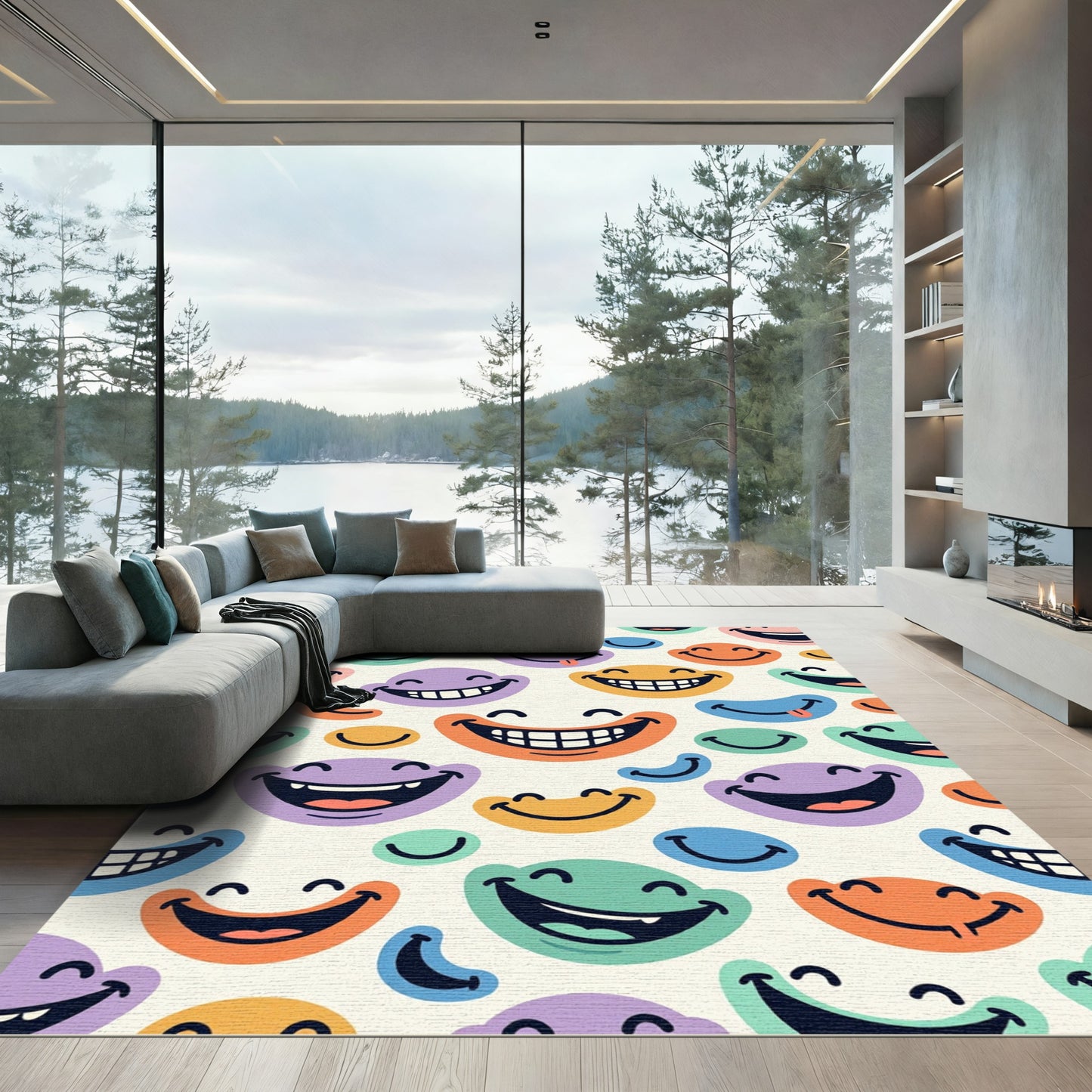 Playful Multicolored Retro Smiley Face Collage Rug