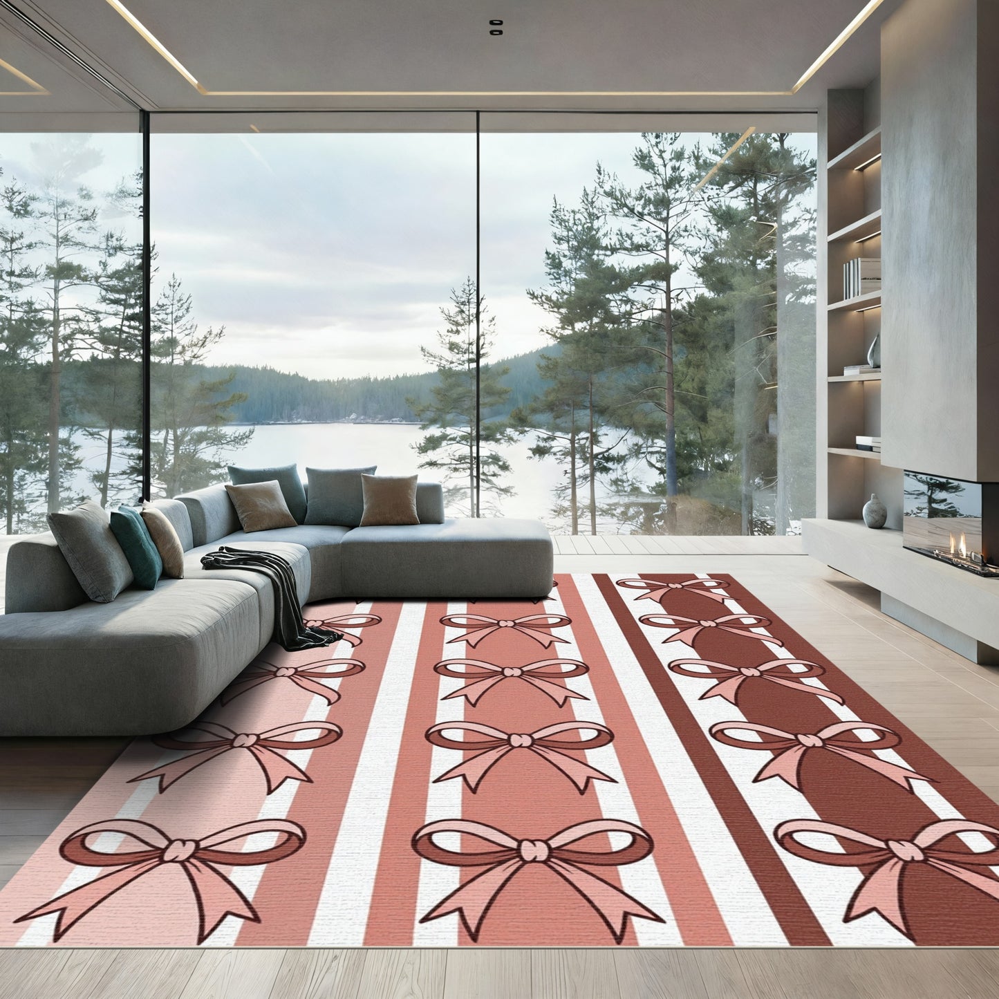 Chic Blush Brown Striped Bows Rug