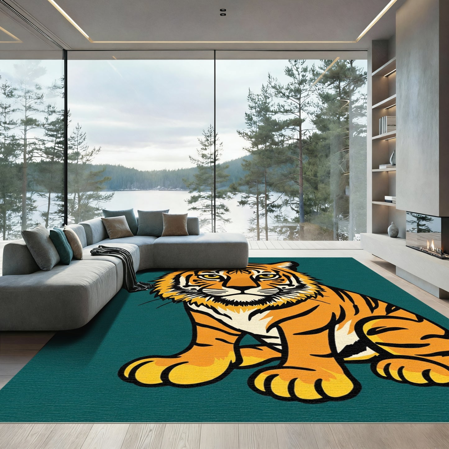 Bold Orange Tiger Majestic Sitting Rug