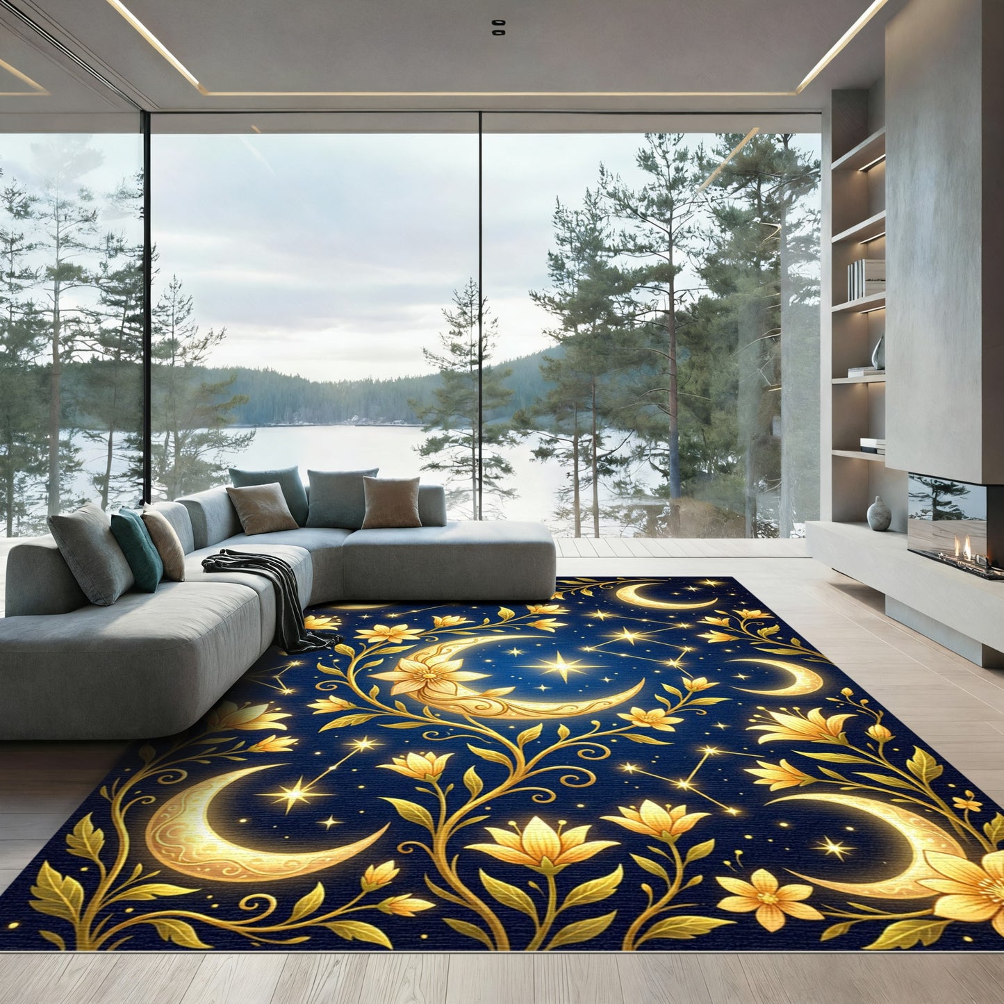 Golden Celestial Crescent Moon Floral Art Rug