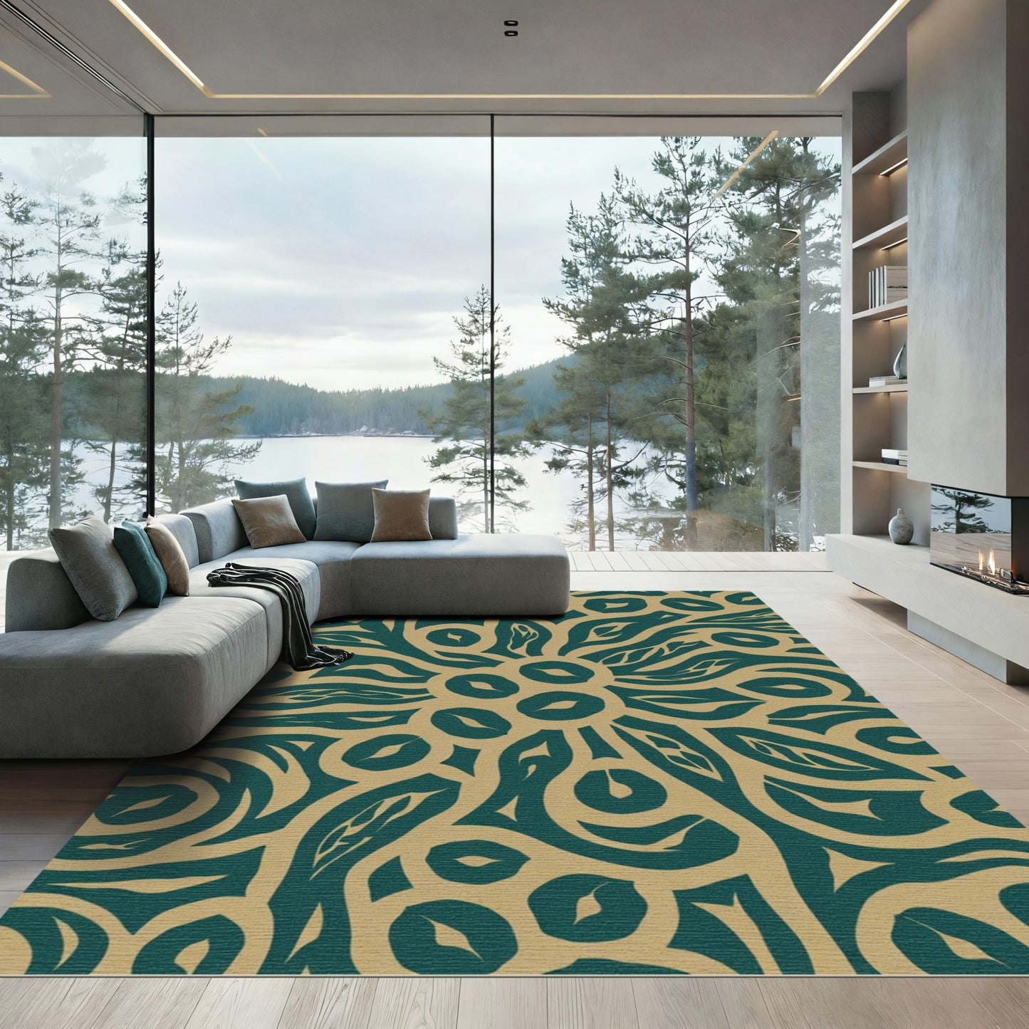 Teal And Khaki Abstract Floral Rug