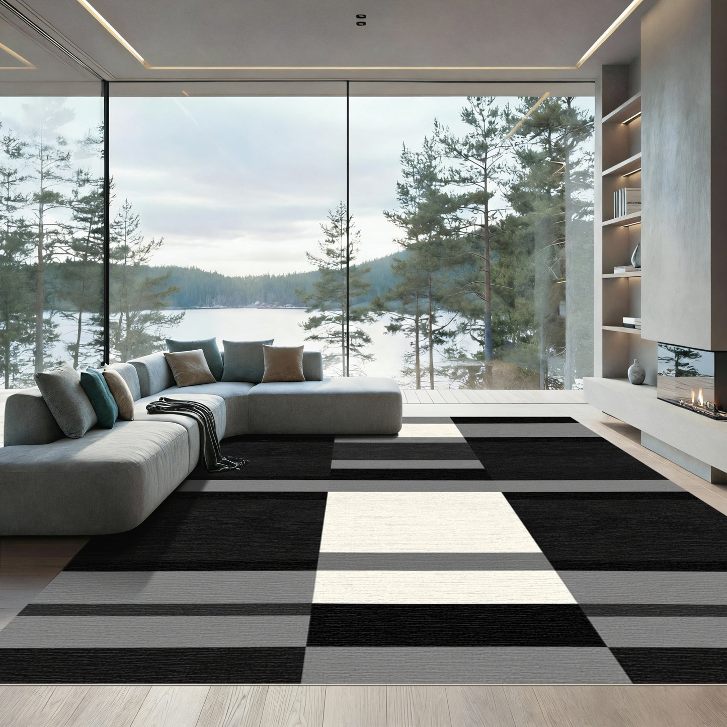 Bold Black White Gray Checkered Rug