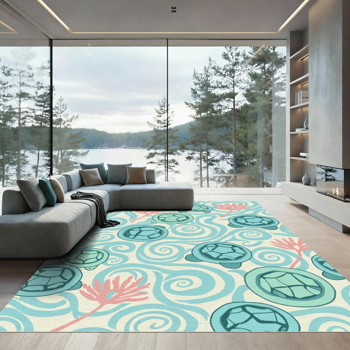 Teal Turtle Swirl Coral Delight Rug
