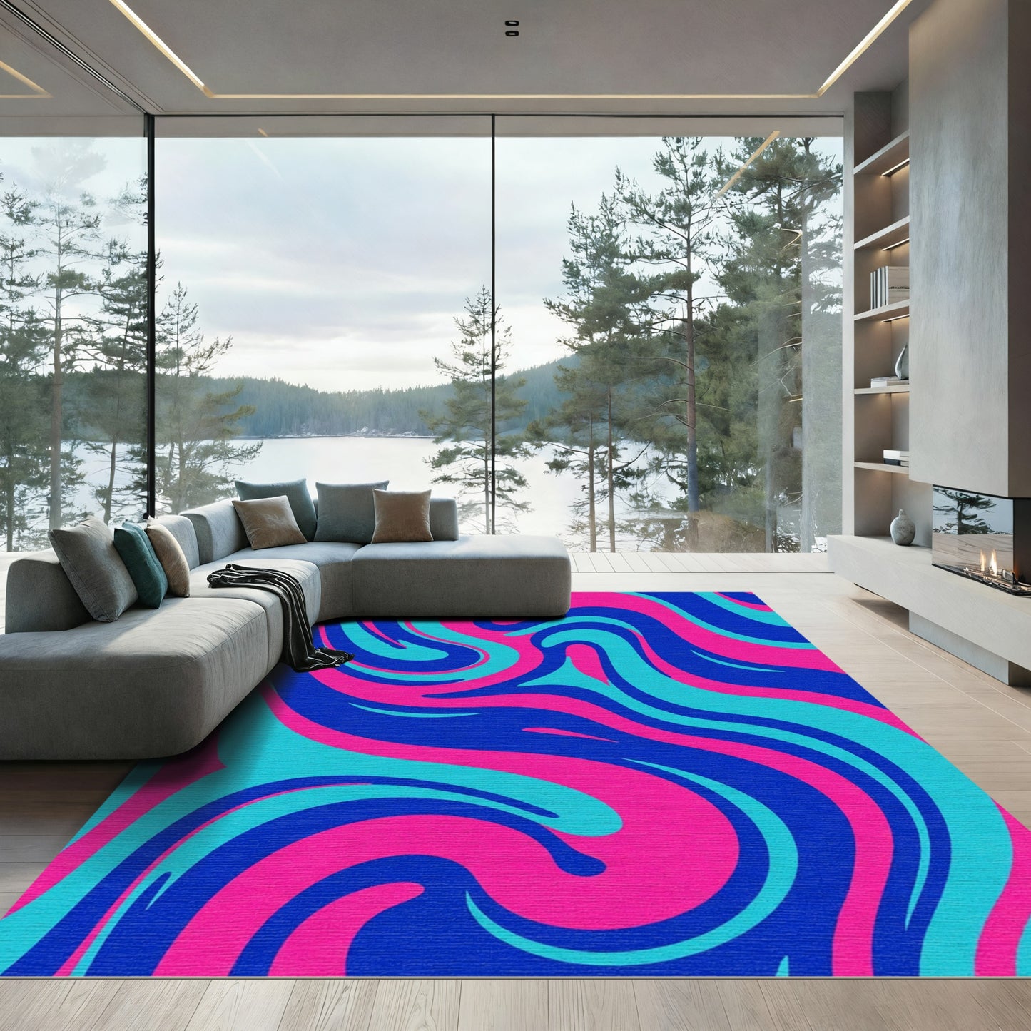 Vibrant Pink Blue Swirl Abstract Rug