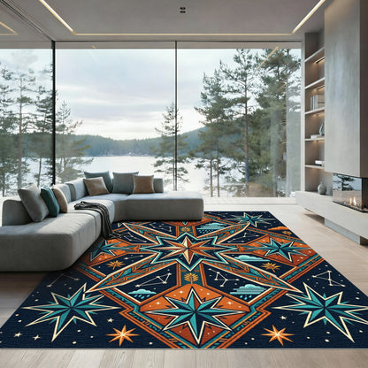 Celestial Copper Geometric Starry Compass Rug