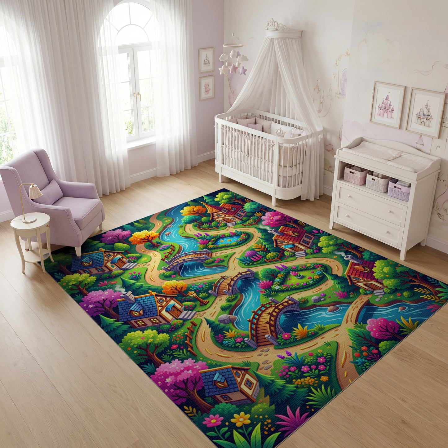 Whimsical Fairy Village Winding River Rug