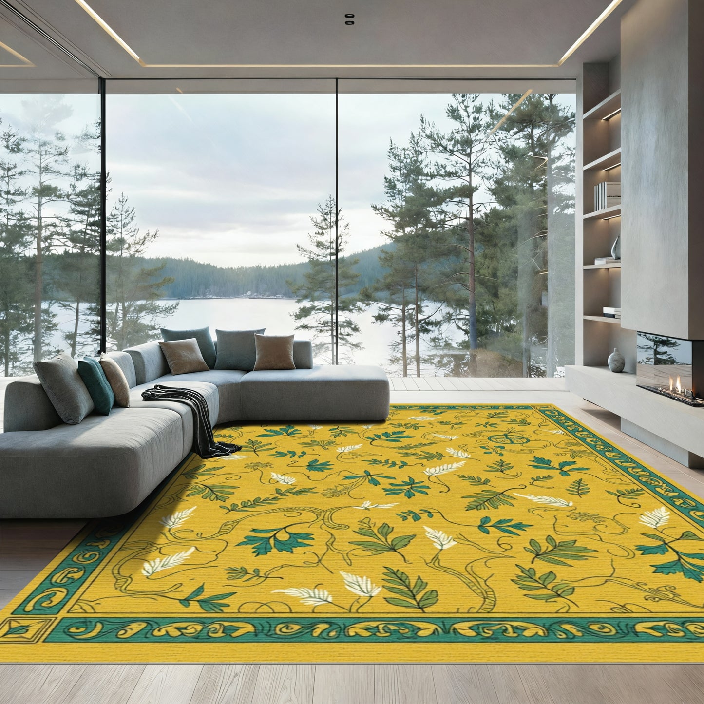 Golden Green Leafy Vine Border Rug