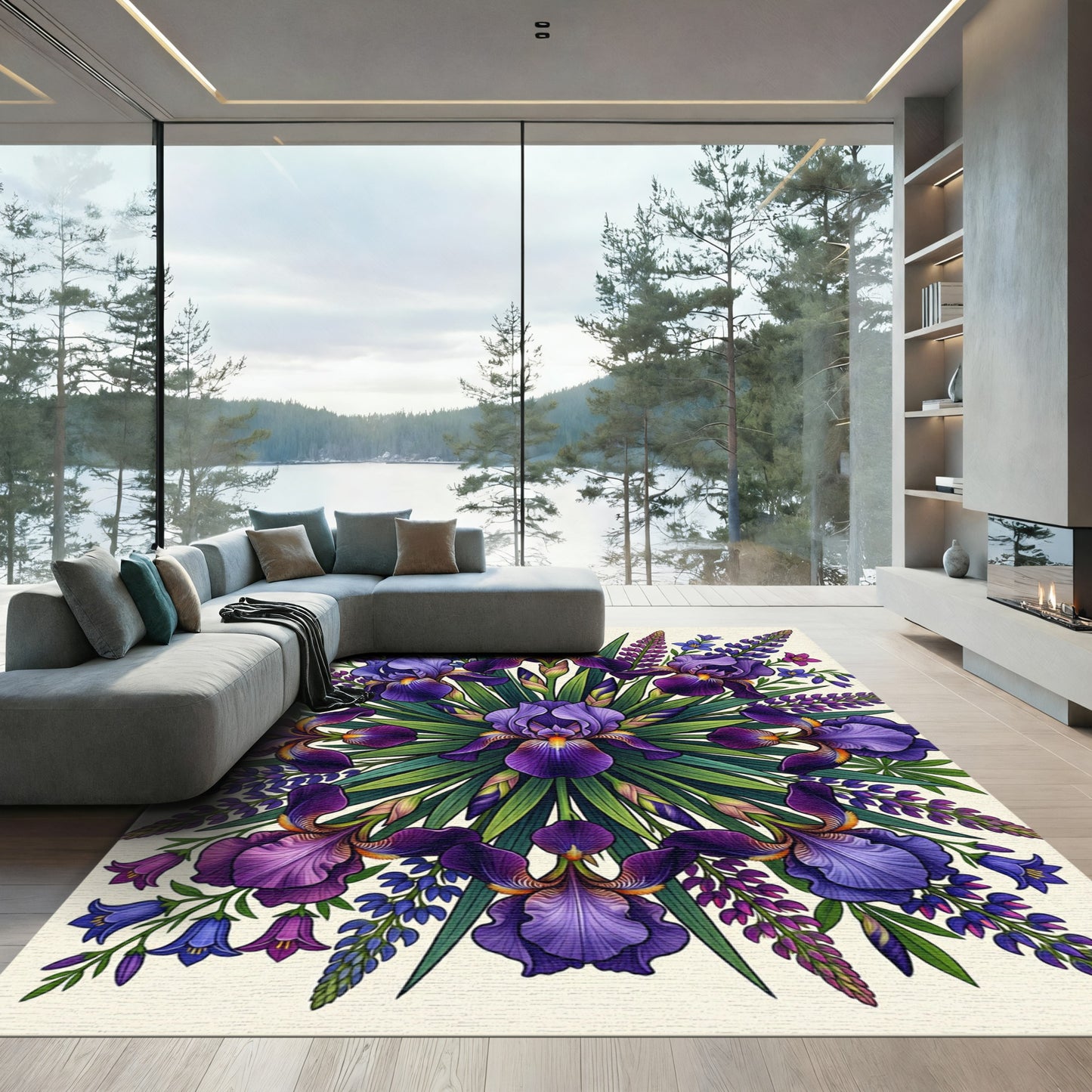Vibrant Purple Iris Botanical Mandala Rug