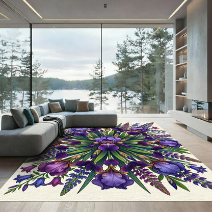 Vibrant Purple Iris Botanical Mandala Rug