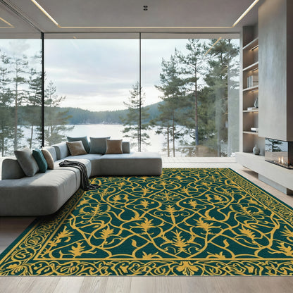 Deep Teal and Gold Arabesque Scroll Rug