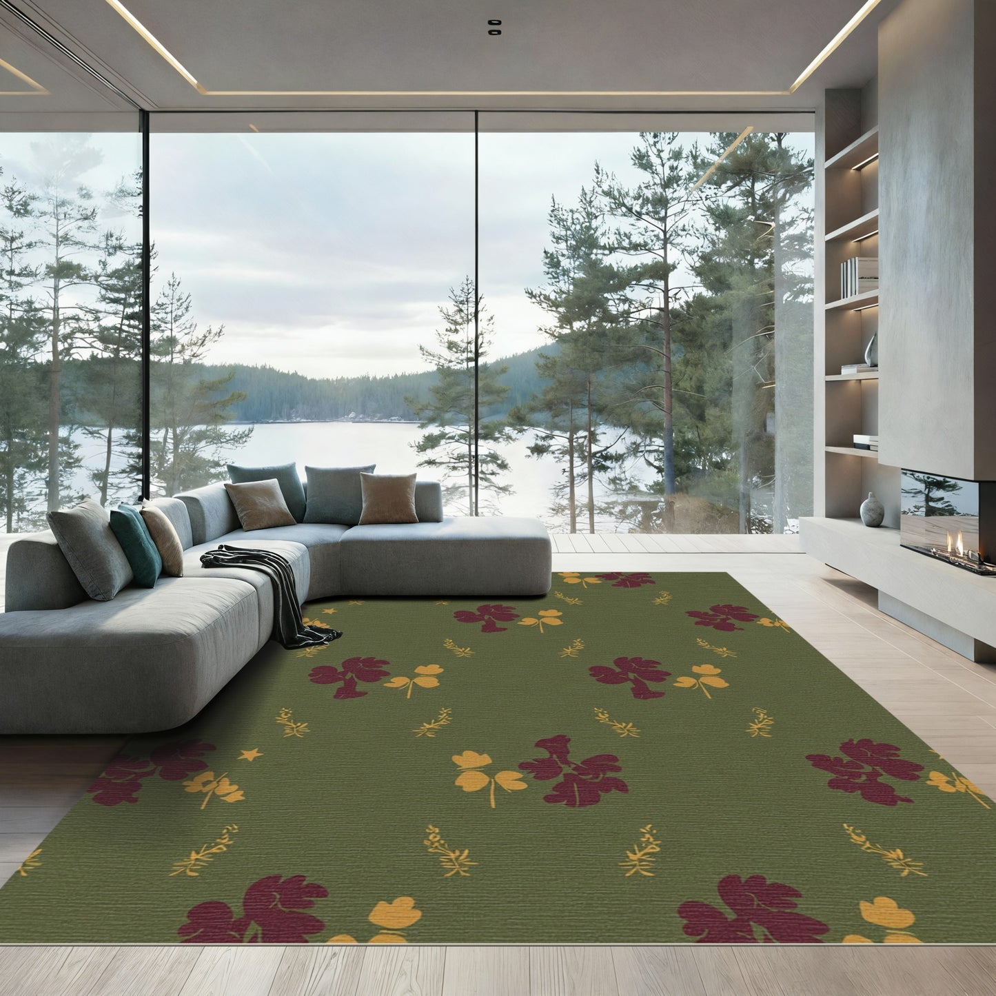 Deep Burgundy Golden Leaf Sprig Rug