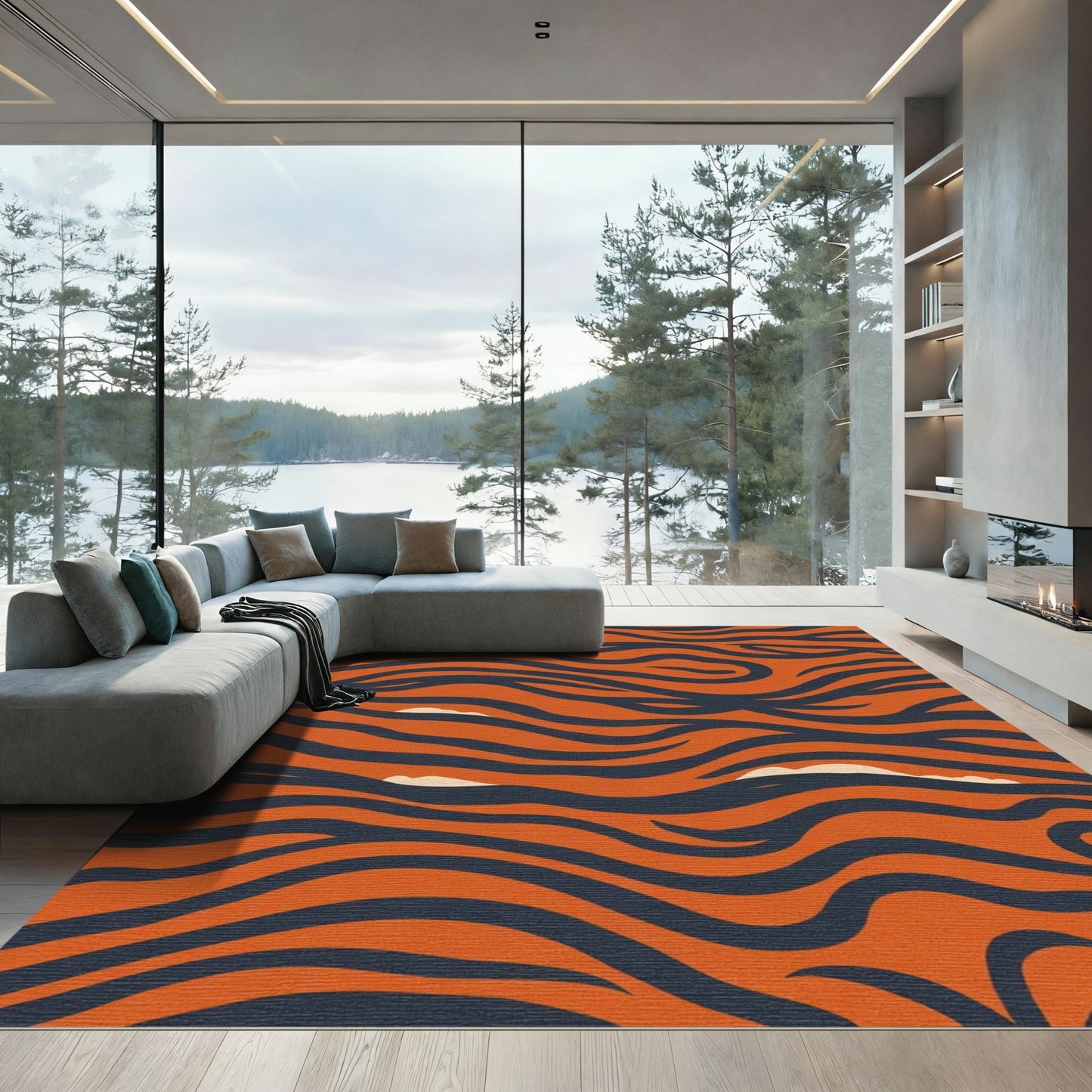 Orange Navy Swirling Tiger Stripes Rug