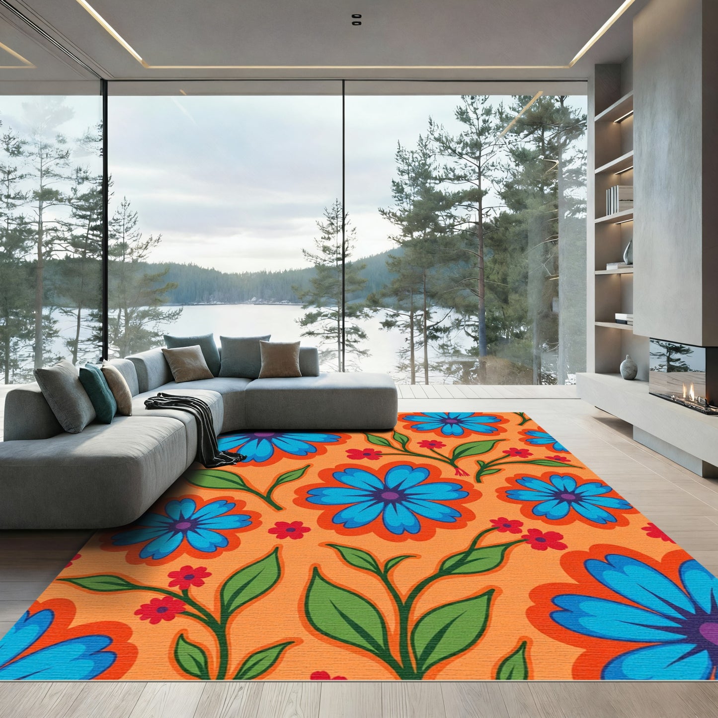 Retro Blue Flower Orange Garden Rug