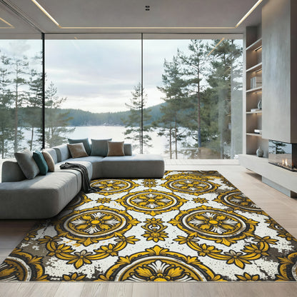 Golden Yellow Floral Medallion Baroque Rug