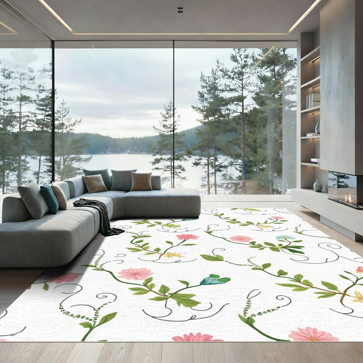 Pink Floral Vine With Green Leaves Rug